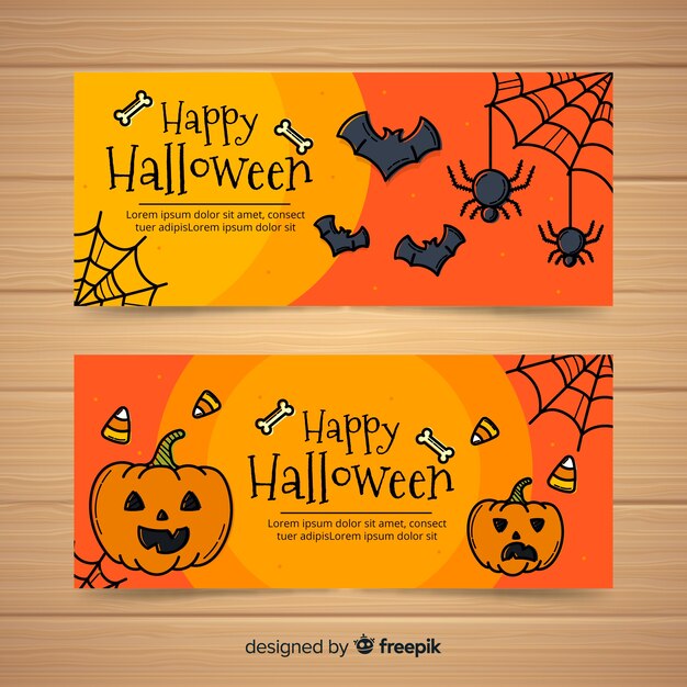 Collection de bannière heureuse halloween avec araignées et citrouilles dans un style dessiné à la main Vecteur gratuit
