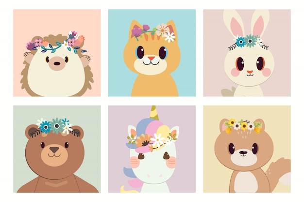 La collection de caractères de lapin de chat hérisson porte licorne et écureuil avec l'anneau de la fleur. Vecteur Premium