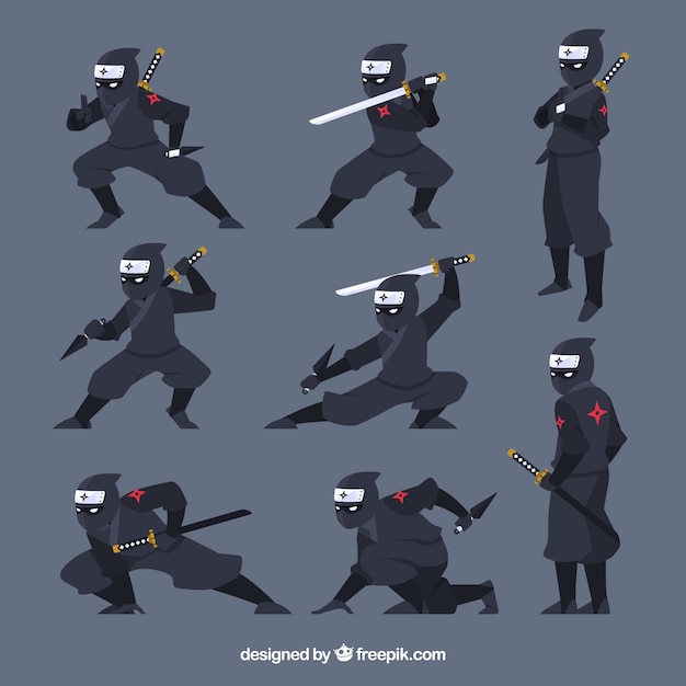 Collection de caractères ninjas avec différentes poses Vecteur gratuit