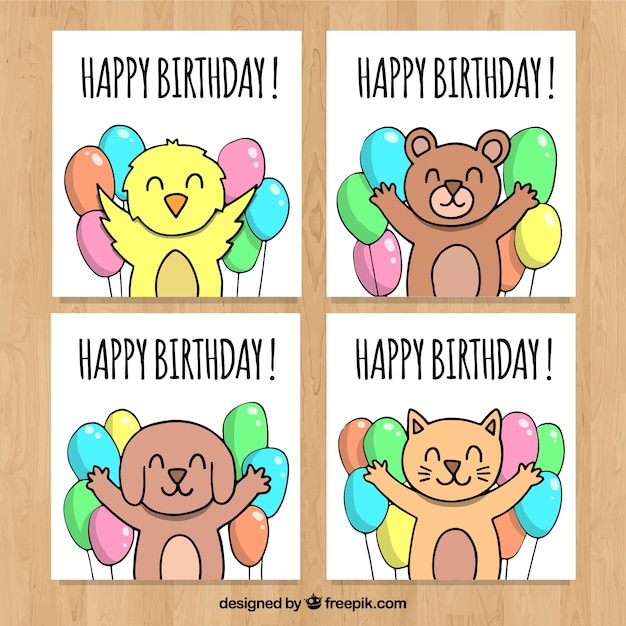 Collection De Cartes D Anniversaire Avec Des Animaux Et Des Ballons Mignons Vecteur Gratuite