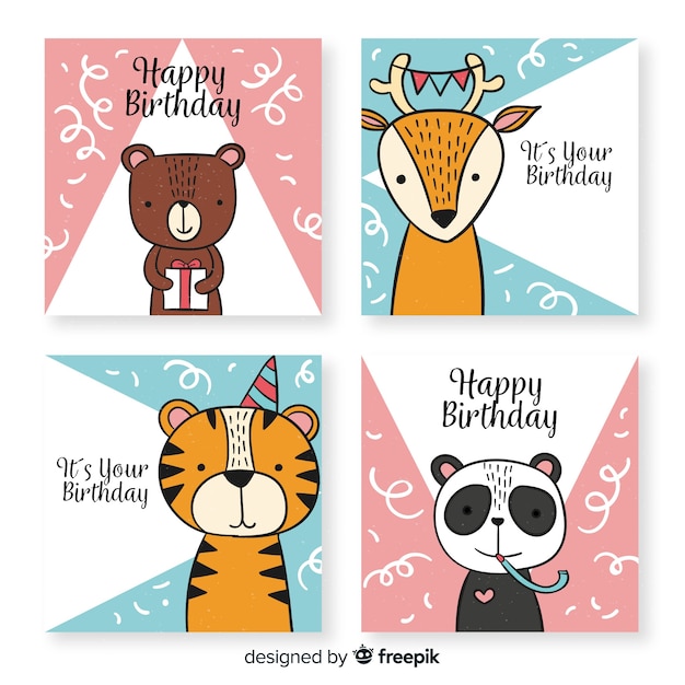 Collection De Cartes D Anniversaire Droles Dessinees A La Main Vecteur Gratuite