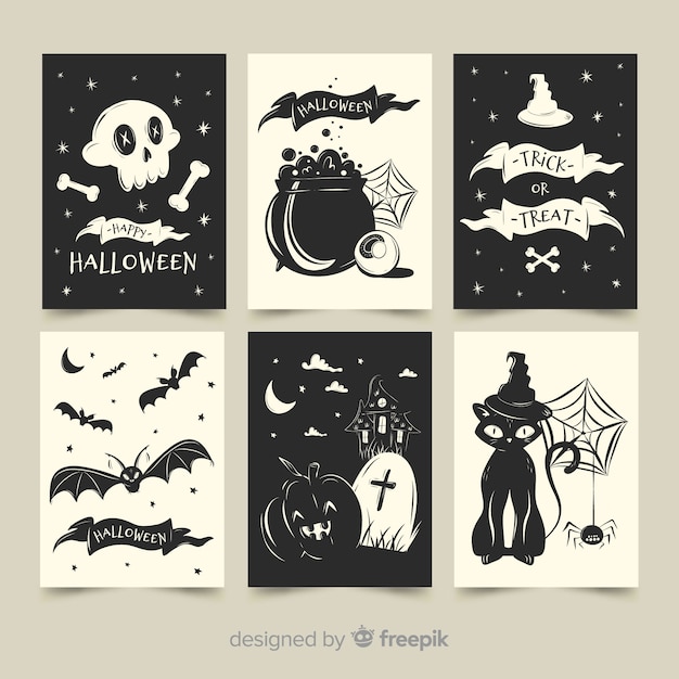 Collection De Cartes Halloween Plat En Noir Et Blanc Vecteur Gratuite