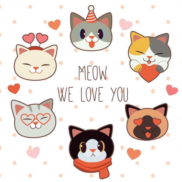 La Collection De Chat Mignon Avec Le Theme De L Amour Le Personnage De Chat Mignon Et Ses Amis Portent Des Lunettes De Cœur Un Chapeau De Fete Et Une Echarpe Vecteur