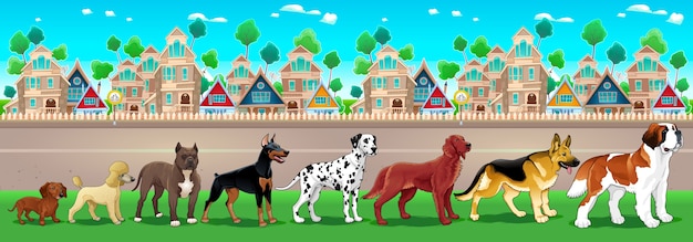 Collection de chiens de race pure alignés sur la vue de la ville vector cartoon illustration Vecteur gratuit