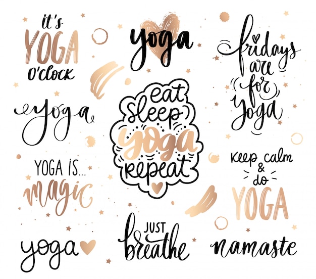 Collection De Citations D Or De Yoga Slogan Mis Sur Le Calme La Respiration La Meditation Vecteur Premium