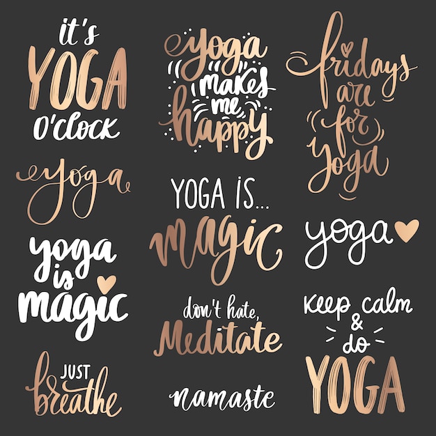 Collection De Citations De Yoga Dore Sur Fond Sombre Slogan Mis Sur Le Calme La Respiration La Meditation Vecteur Premium