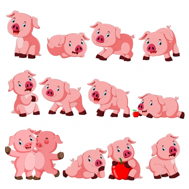 Collection de cochon mignon avec divers posant Vecteur Premium