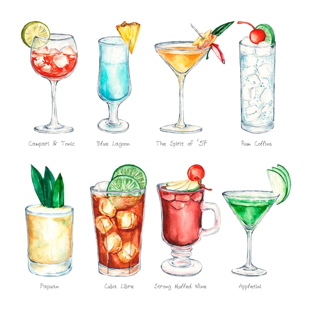 Collection De Cocktails Aquarelle Vecteur Gratuite