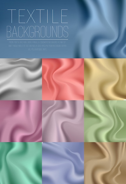 Collection colorée de draperies textiles en couleurs bleues, dorées, argentées, vertes, roses, violettes et lumineuses. Vecteur gratuit