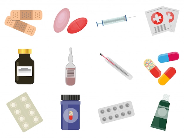 Collection colorée d'éléments utiles de premiers secours. pansements adhésifs, thermomètre, bouteilles sombres et bleues, seringue blanche, signes de tube crème vert isolés Vecteur Premium
