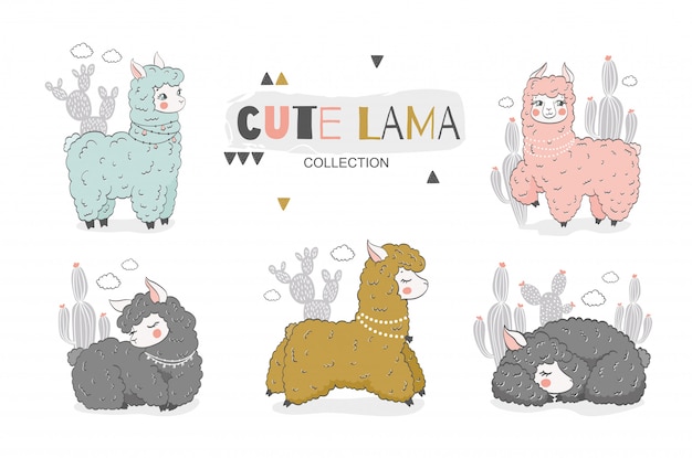 Collection De Dessin Anime Bebe Lama Caractere Animal Mignon Illustration Dessinee A La Main Vecteur Premium