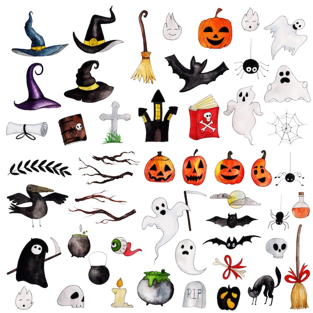 Collection d'éléments aquarelle halloween Vecteur Premium