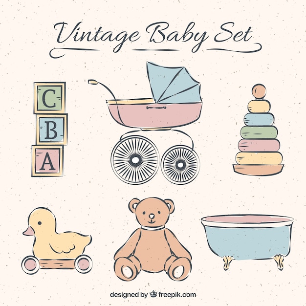 Collection D Elements De Bebe Dans Le Style Vintage Vecteur Gratuite