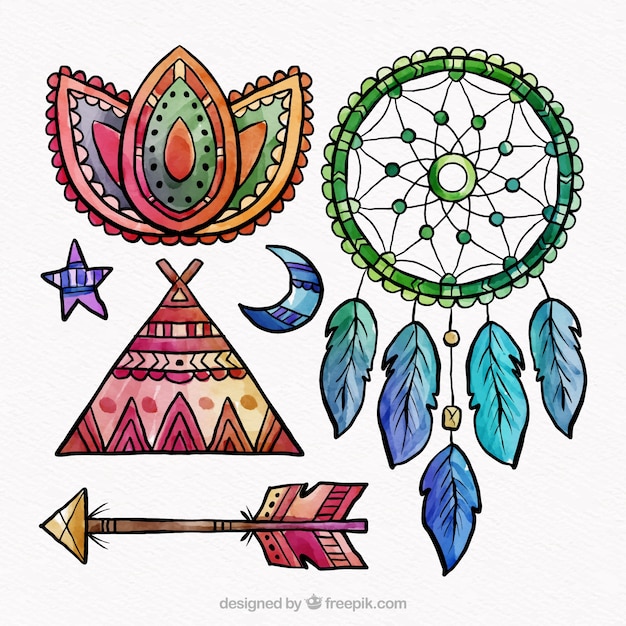 Collection d'éléments boho dans un style aquarelle Vecteur gratuit