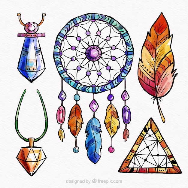 Collection d'éléments boho dans un style aquarelle Vecteur gratuit
