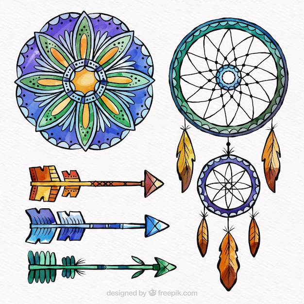 Collection d'éléments boho dans un style aquarelle Vecteur gratuit