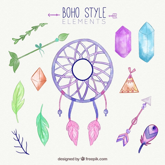 Collection d'éléments boho dans un style aquarelle Vecteur gratuit