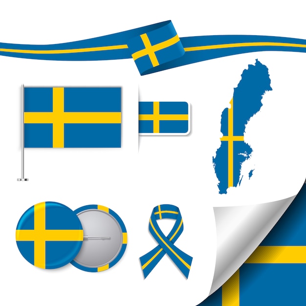 Collection d'éléments de papeterie avec le drapeau de la conception de la suède Vecteur gratuit