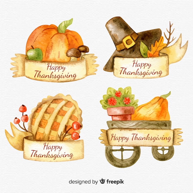 Collection d'étiquettes du jour de thanksgiving à l'aquarelle Vecteur gratuit