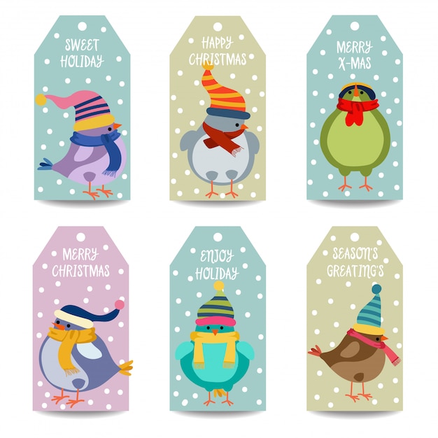 Collection Détiquettes De Noël Avec Des Oiseaux