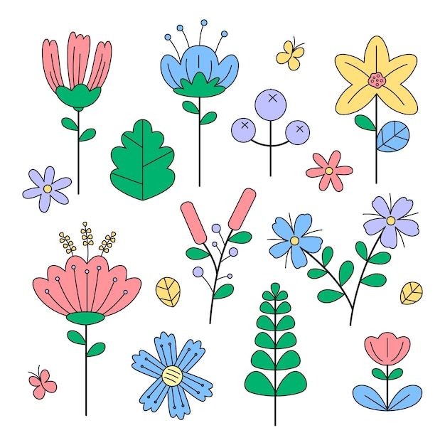 Fleurs De Printemps Dessin Couleur Collection De Fleurs De Printemps Dessinés à La Main | Vecteur Gratuite