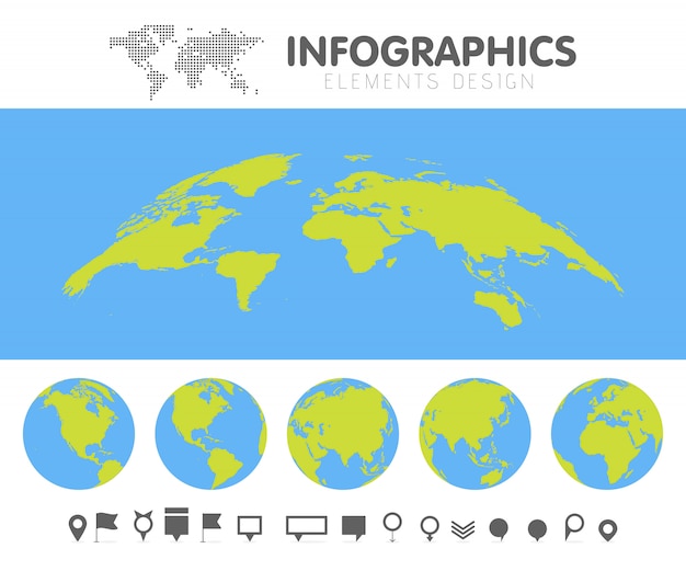 Collection De Globe Et Icones De Carte Du Monde De Dessin Anime Vert Et Bleu Vecteur Premium