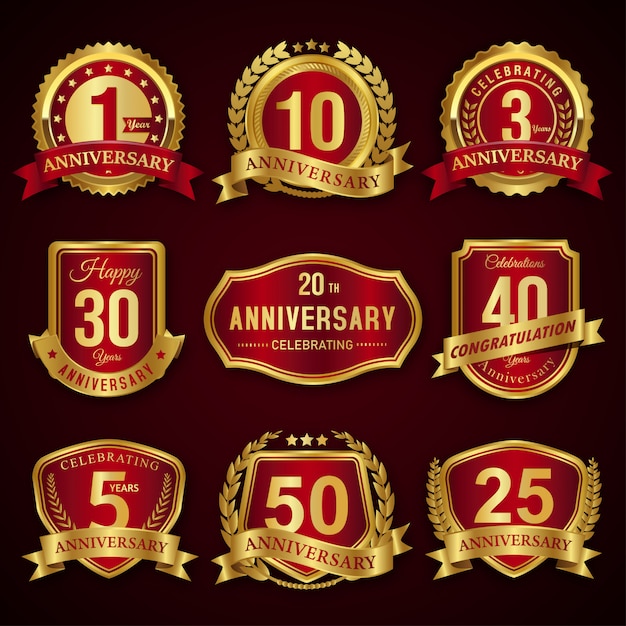 Collection D Insignes Et D Etiquettes De Sceaux D Anniversaire Anniversaire Rouge Et Or Vecteur Premium