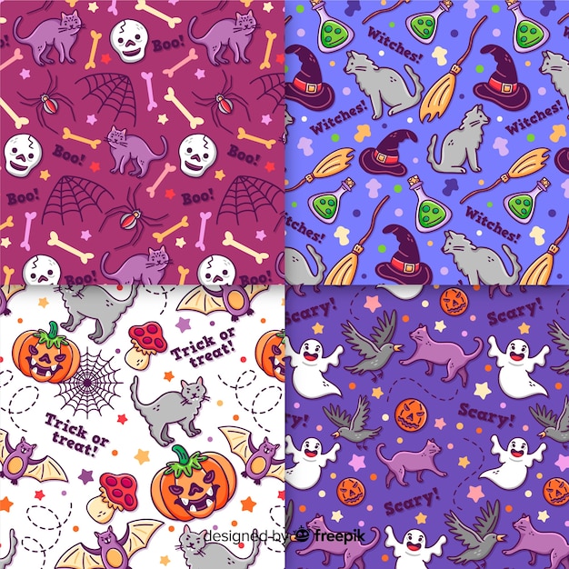 Collection de modèles halloween dessinés à la main sur des nuances de couleurs violettes et violettes Vecteur gratuit