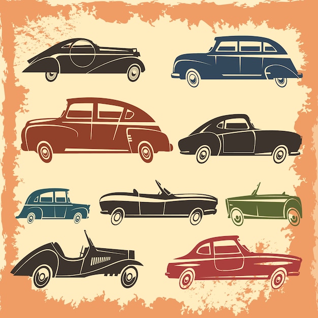 Collection de modèles de voitures rétro avec des autos de style vintage sur illustration vectorielle abstrait ans Vecteur gratuit