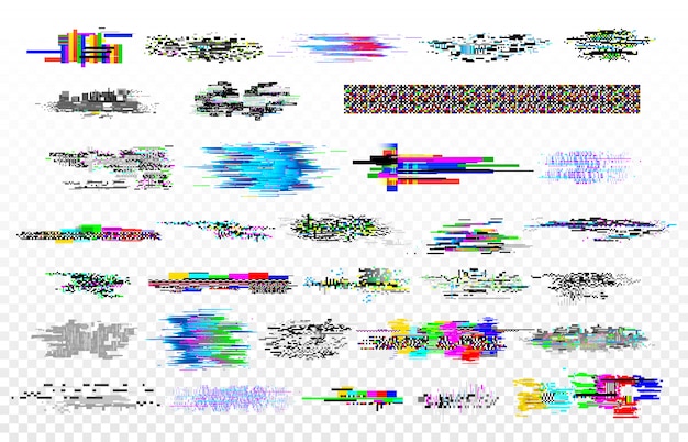 Collection de pépin moderne. problèmes de bruit de la télévision, baisse du signal du moniteur et bogue d'écran. les données numériques glitched signaux set vector Vecteur Premium