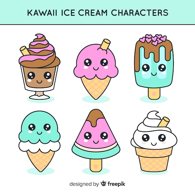 Collection De Personnages De La Creme Glacee Kawaii Vecteur Premium