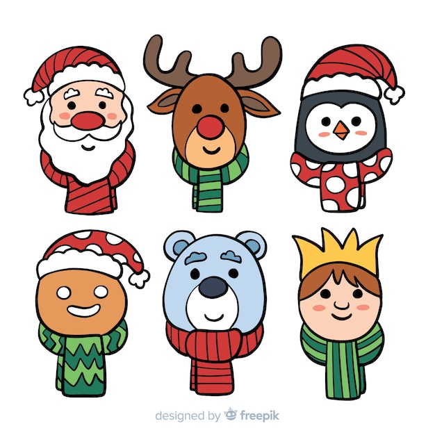 Collection De Personnages De Noël Dessinés à La Main Vecteur Gratuite