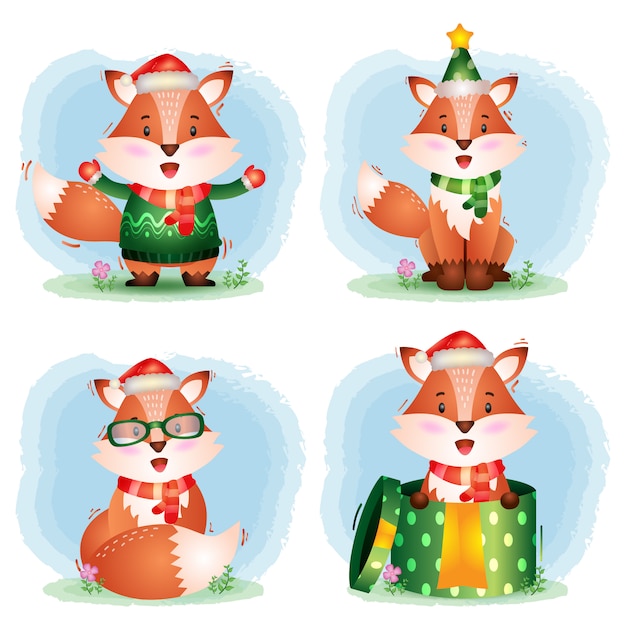 Collection De Personnages De Noël Renard Mignon Avec Un Chapeau, Une Veste, Une écharpe Et Une 