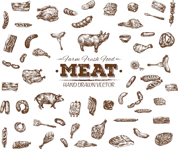 Collection de produits de viande dessinés à la main Vecteur Premium
