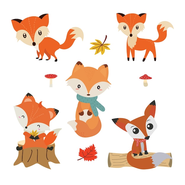 Collection De Renard Mignon Illustration Vectorielle Foret D Automne En Set Vector Vecteur Premium