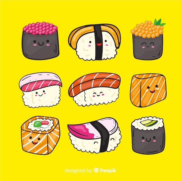 Collection De Sushis Kawaii Dessin S La Main Vecteur Gratuite