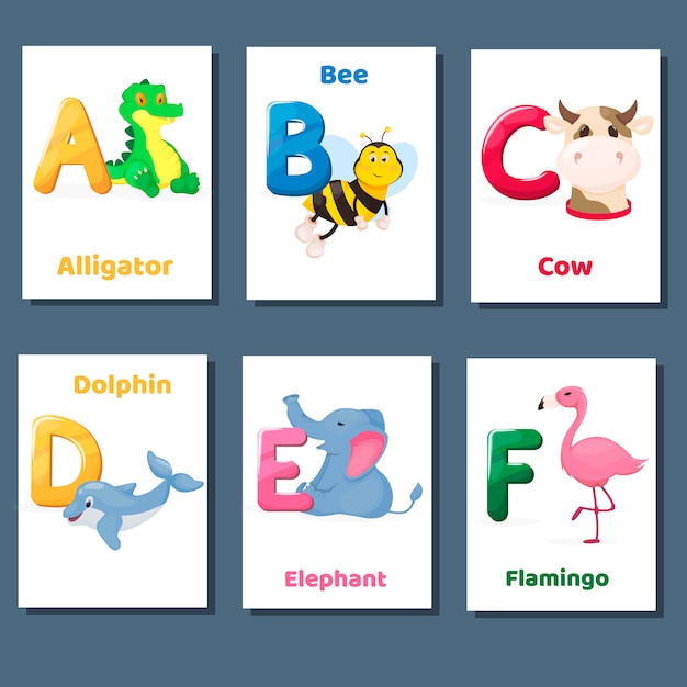 Collection de vecteurs alphabétiques imprimables alphabet avec lettre abcde f. animaux du zoo pour l'enseignement de l'anglais. Vecteur Premium