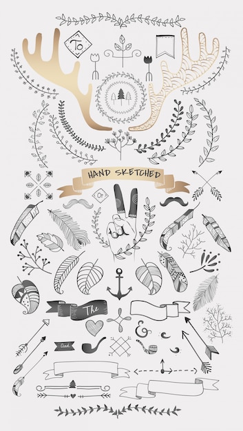 Collection de vecteurs d'éléments dessinés à la main boho doodle Vecteur gratuit