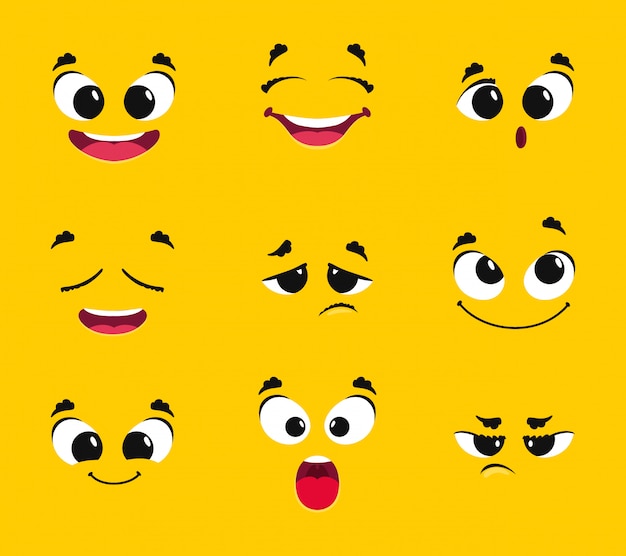 Collection De Visages De Dessin Anime Differentes Emotions Sourire Joie Surprise Tristesse Colere Desir Ardeur Emoticones Vectorielles Vecteur Premium