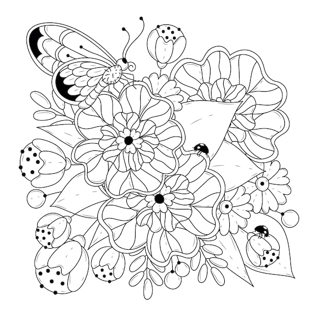 coloriage carre avec fleurs et papillon vecteur premium bouquet de
