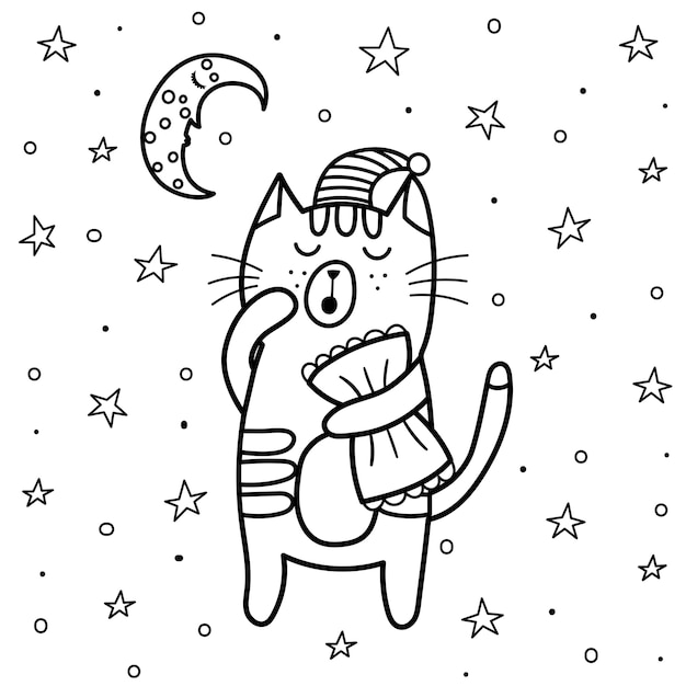 Coloriage De Chat Endormi Bonne Nuit Livre De Coloriage Avec La Lune Et Les Etoiles Illustration Vectorielle De Beaux Reves Vecteur Premium