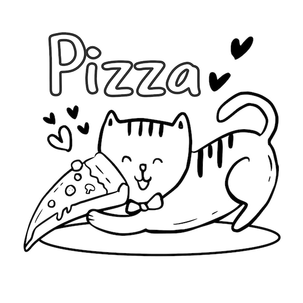 Coloriage Avec Un Chat Mignon Tenant Une Pizza Vecteur Premium