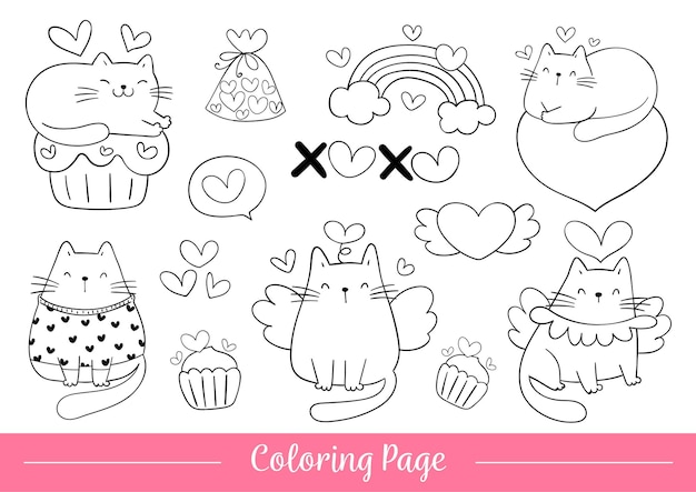 Coloriage Chat Pour La Saintvalentin.  Vecteur Premium