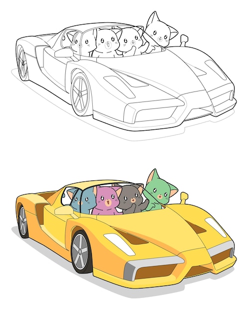 Coloriage De Chats Kawaii Dans Un Dessin Anime De Super Voiture Facilement Pour Les Enfants Vecteur Premium