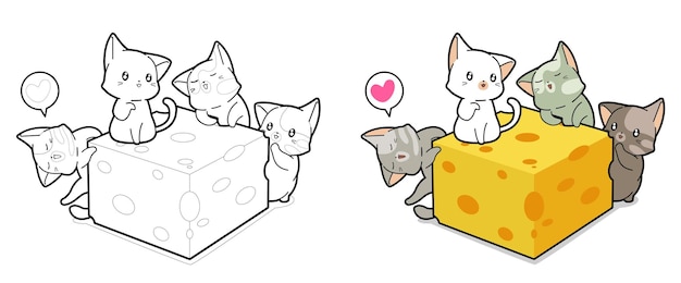 Coloriage De Dessin Anime De Chats Et De Fromage Kawaii Pour Les Enfants Vecteur Premium