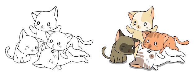 Coloriage De Dessin Anime De Chats Kawaii Pour Les Enfants Vecteur Premium