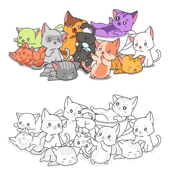 Coloriage De Dessin Anime De Chats Kawaii Vecteur Premium