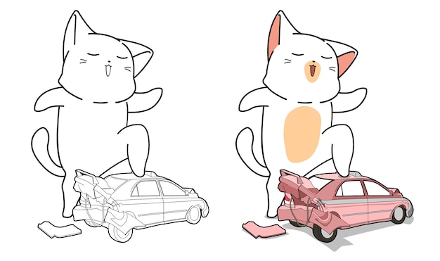 Coloriage De Dessin Anime Mignon Chat Et Voiture Jouet Pour Les Enfants Vecteur Premium