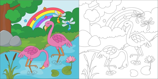 Coloriage Flamant Rose Vecteur Premium