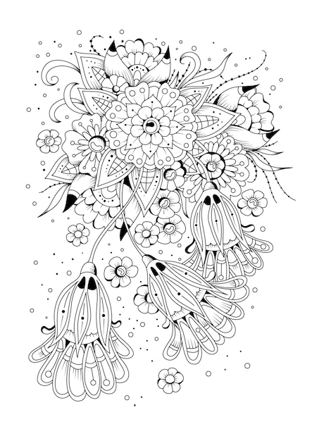 Coloriage Avec Des Fleurs Et Des Bourgeons Illustration Vectorielle Fond Noir Et Blanc A Colorier Vecteur Premium